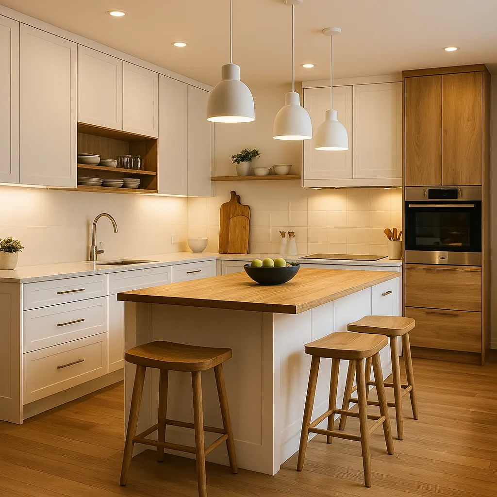 cuisine blanche et bois ouverte sur salon